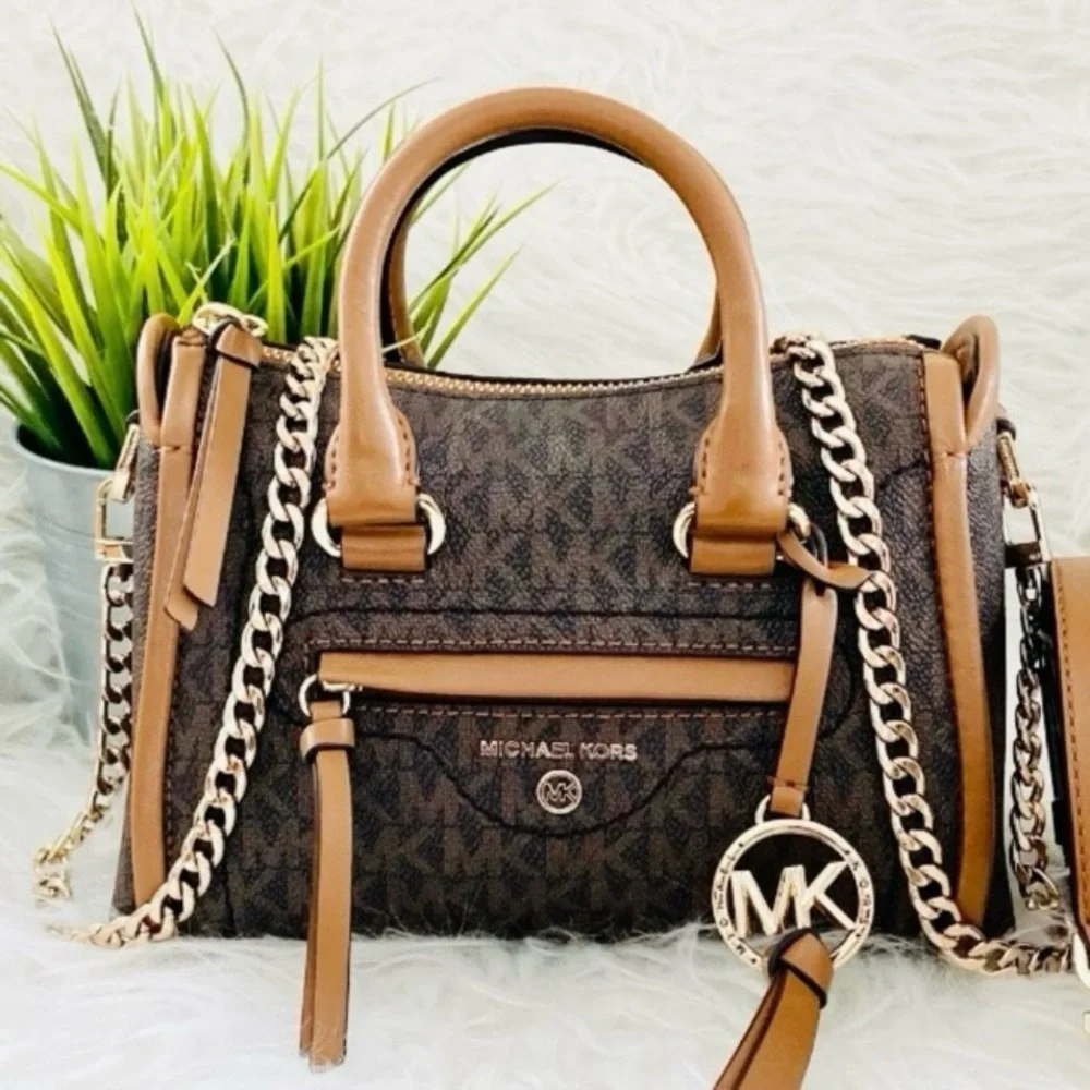 Michael Kors Carine Brown Monogram XS Satchel Crossbody Bag.
